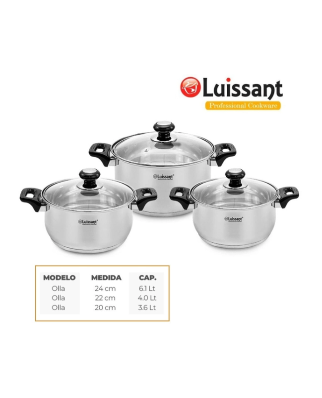 Juego De Ollas Acero Inoxidable LUISSANT 6 Piezas C/Tapa De Vidrio